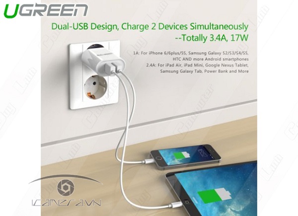 Củ sạc 2 cổng cho điện thoại, máy tính bảng Ugreen 20383