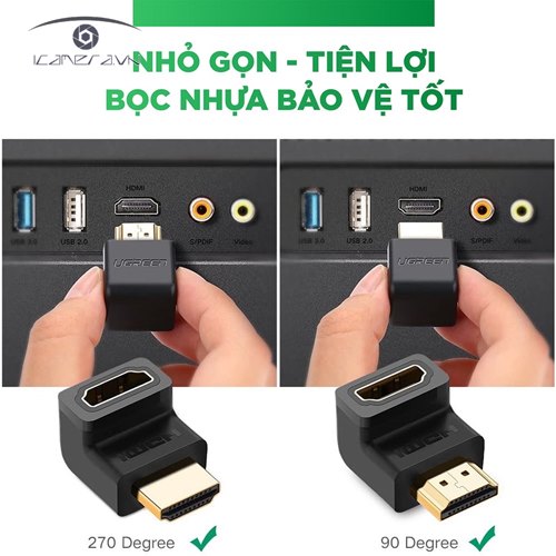 Đầu nối cổng HDMI male sang HDMI female vuông góc 90 độ - UGREEN 20109 - (màu đen)