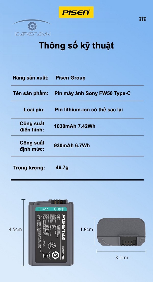 Pin sạc PISEN Camcorder Type-C NP-FW50 dùng cho máy ảnh Sony