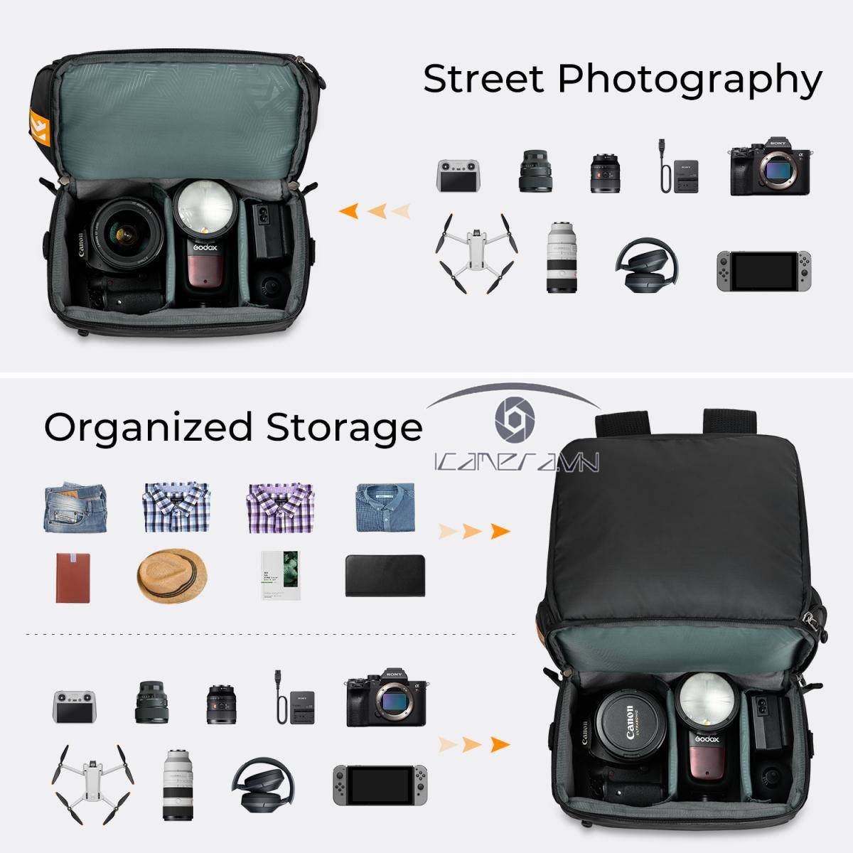 Balo máy ảnh gấp gọn K&F Concept 2 Chiều 22L - KF13.129