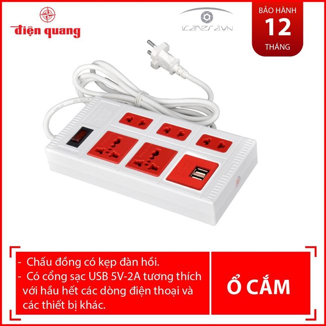 Ổ Cắm ECO Điện Quang ĐQ ESK 5ECO 2A (5 lỗ, 2 cổng USB 2.0A, màu trắng đỏ)