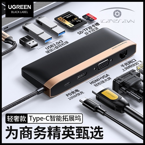 Cáp USB Type C to HDMI, VGA, USB 3.0, Lan, SD/TF, hỗ trợ sạc USB C Ugreen 50988 chính hãng