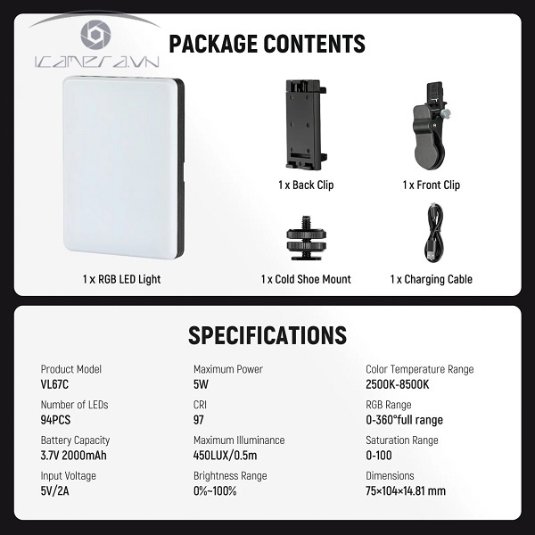 NEEWER VL67C RGB Đèn Selfie Cho Điện Thoại/Laptop & máy ảnh