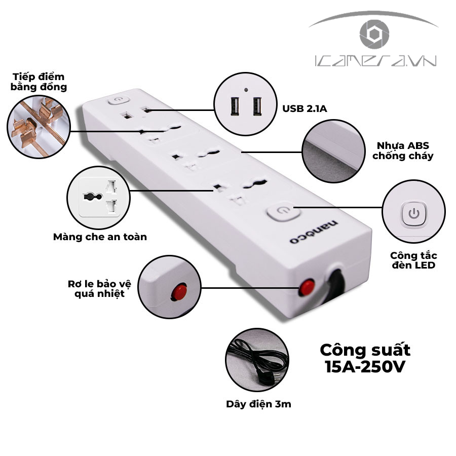 Ổ Cắm Có Dây Nanoco NES332U-3