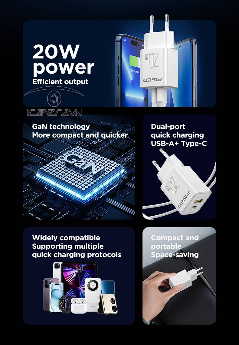 Sạc nhanh PISEN QUICK - Vivid USB-C 20W GaN EU 1C1A CL1200