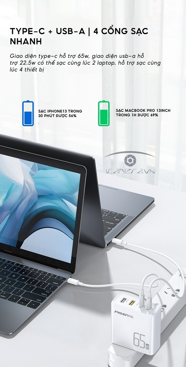 Sạc nhanh 65W 4 cổng 2C2A - PISEN PRO GaN 65W 2C2A
