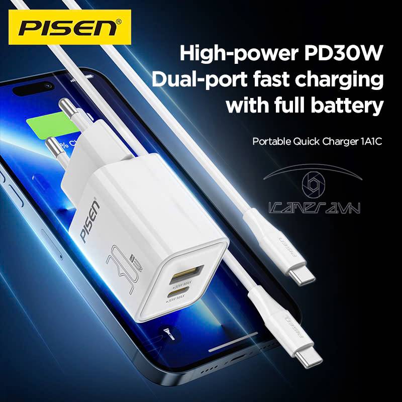 Sạc nhanh PISEN QUICK - Vivid USB-C 30W 1C1A CL1200 GaN EU