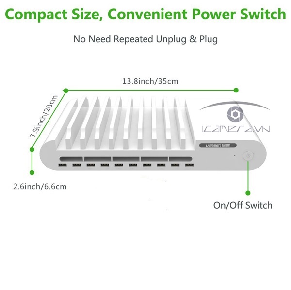 Sạc đa năng cao cấp UGREEN 20380 96W/12V tích hợp 10 cổng USB, 10 khe cắm chính hãng