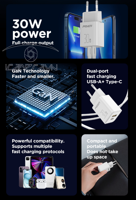 Sạc nhanh PISEN QUICK - Vivid USB-C 30W 1C1A CL1200 GaN EU