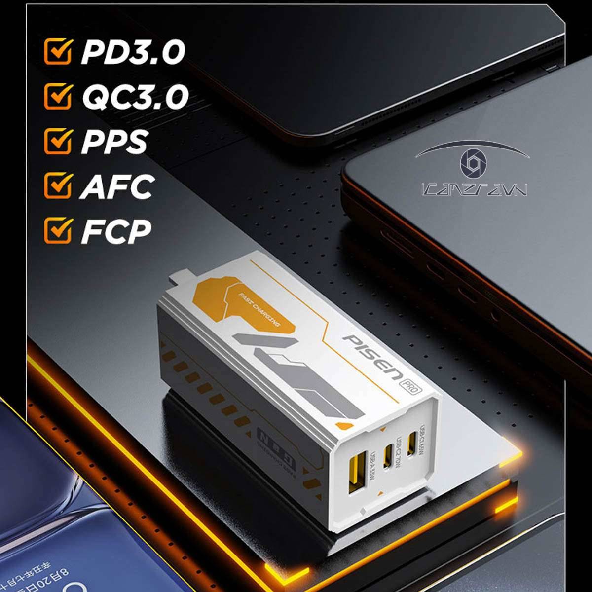 Sạc nhanh đa năng 3 cổng PISEN Pro -Mecha GaNUltra 70W 2C1A CC1200