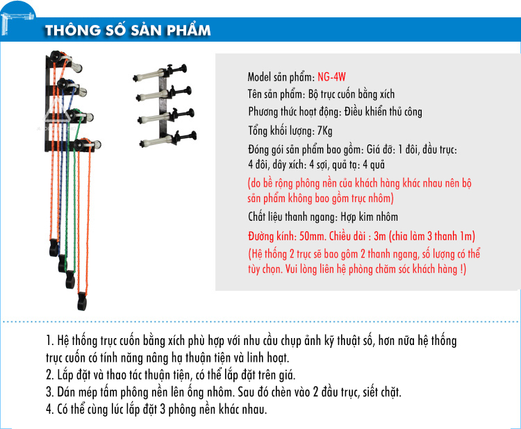 Khung treo 4 phông kéo xích TQ-4 Combo để treo phông chụp ảnh quay phim