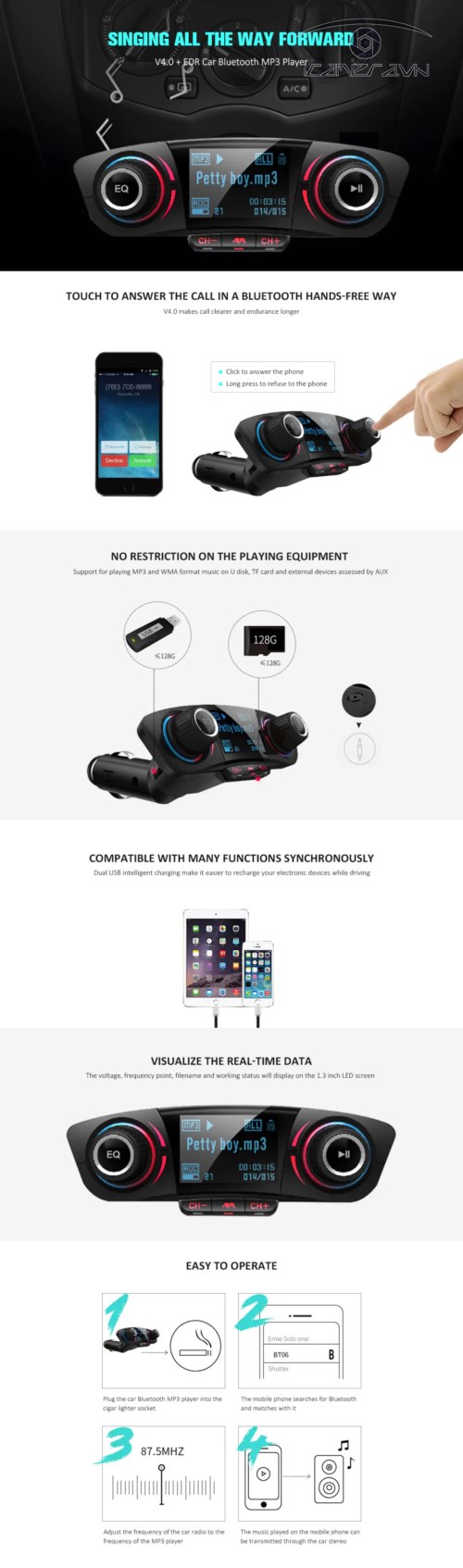 Bộ kết nối Bluetooth đàm thoại rảnh tay trên xe hơi BT06 AUX FM và thẻ TF