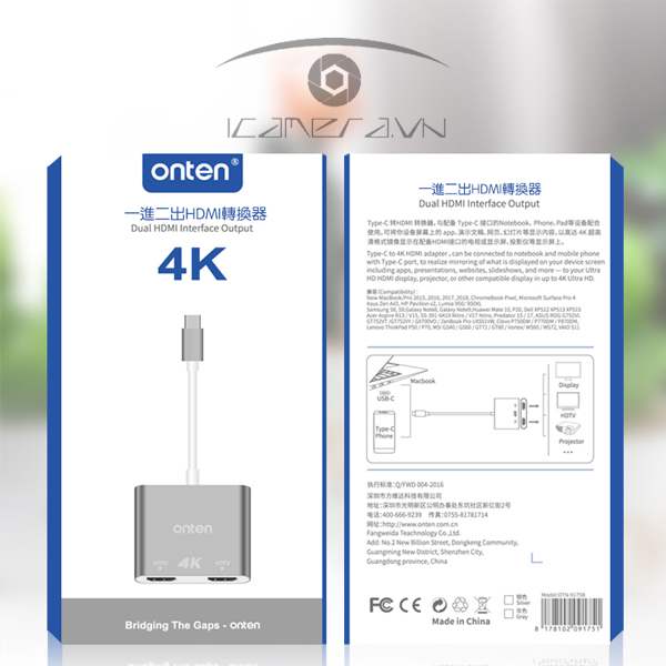 Cáp chuyển USB Type C to 2 HDMI Onten 9175b hỗ trợ 4K
