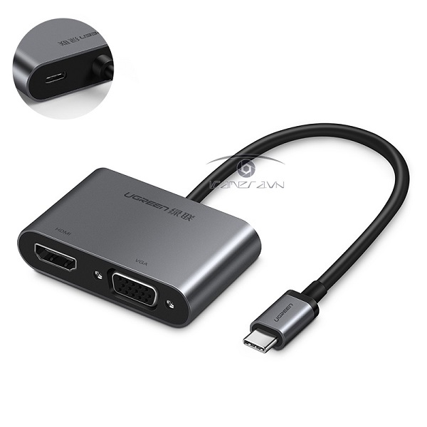 Cáp USB Type C to HDMI + VGA Ugreen 50505 hỗ trợ sạc Power Delivery chính hãng