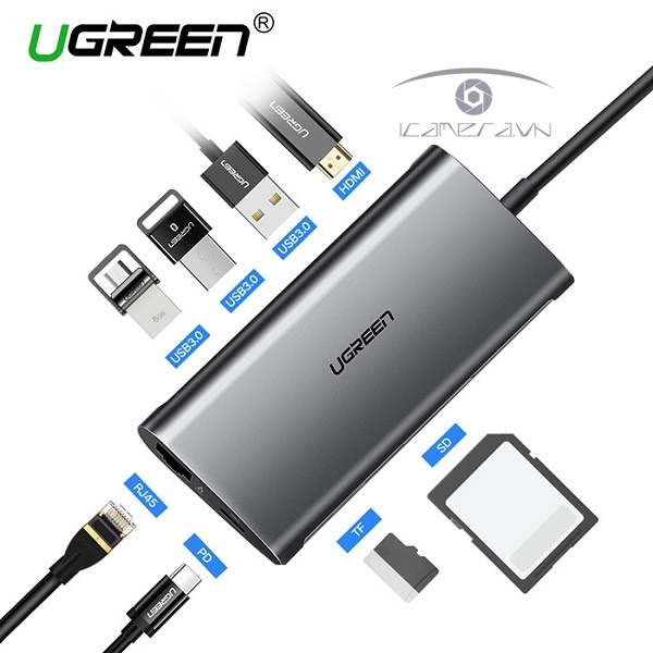 Ugreen 50516 – Bộ chuyển đa năng USB Type-C to HDMI, Lan, USB 3.0, SD/TF, sạc Type-C