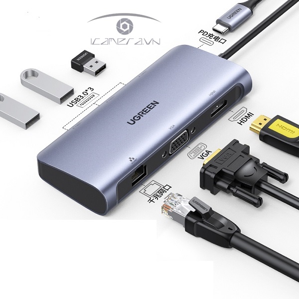 Hub USB Type C 7 in 1 to HDMI, VGA, LAN, USB 3.0, PD USB C Ugreen 60557