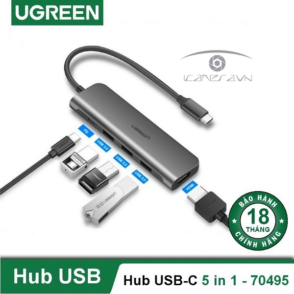 Hub USB Type C 5 in 1 to HDMI, USB 3.0, PD USB C chính hãng Ugreen 70495