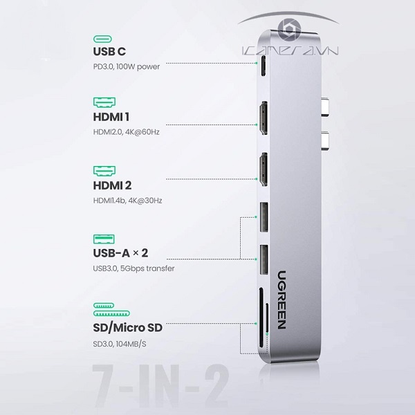 Hub USB Type C to 2 HDMI, USB 3.0, đọc thẻ SD/TF hỗ trợ sạc USB C Ugreen 80548