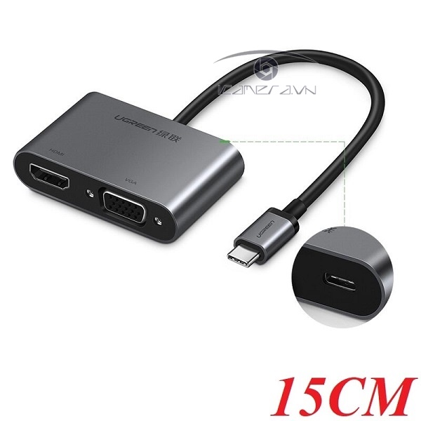 Cáp USB Type C to HDMI + VGA Ugreen 50505 hỗ trợ sạc Power Delivery chính hãng