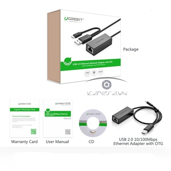Ugreen 30219 - Cáp USB 2.0 tích hợp OTG to Lan 10/100Mbps