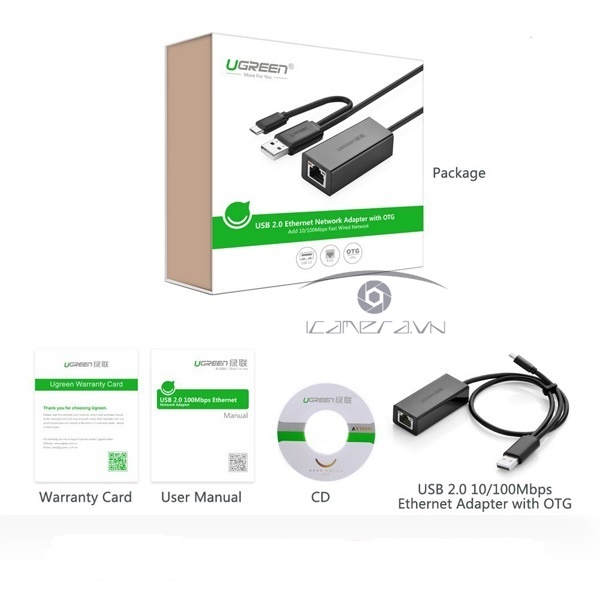  Ugreen 30219 - Cáp USB 2.0 tích hợp OTG to Lan 10/100Mbps  