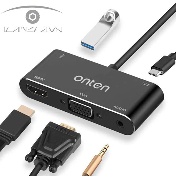 Cáp chuyển USB Type C to HDMI, VGA, 3.5mm, USB 3.0 Onten 9573S hỗ trợ sạc USB C