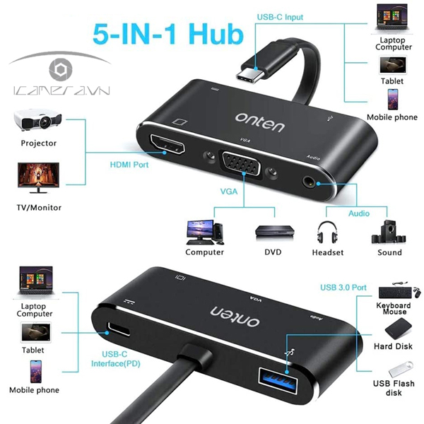 Cáp chuyển USB Type C to HDMI, VGA, 3.5mm, USB 3.0 Onten 9573S hỗ trợ sạc USB C