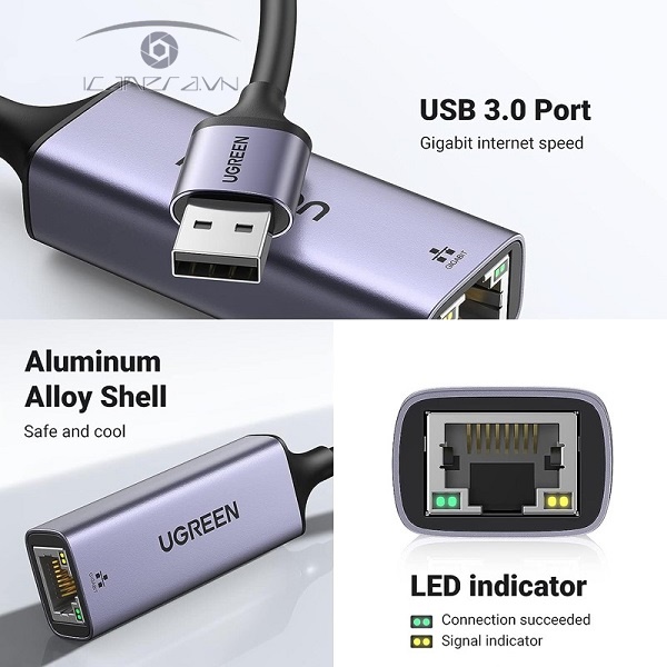 USB 3.0 to Lan Ugreen 50922 tốc độ đường truyền Gigabit 10/100/1000Mbps
