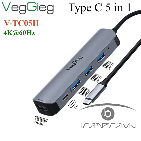 Bộ chuyển USB type C ra HDMI 4K*2k + USB 3.0*3 VEGGIEG V-TC05H
