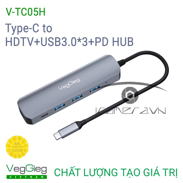 Bộ chuyển USB type C ra HDMI 4K*2k + USB 3.0*3 VEGGIEG V-TC05H
