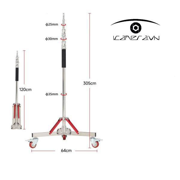 Chân đèn inox bánh xe ZD120 Plus cao 3m05