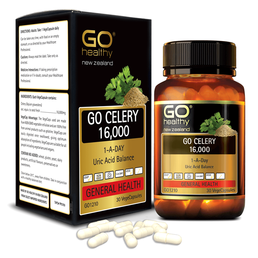 Viên gout nhập khẩu chính hãng New Zealand GO CELERY 16000mg 30 viên giúp giảm các triệu chứng bệnh gút: giảm uric acid, làm giảm triệu chứng sưng đau do gut