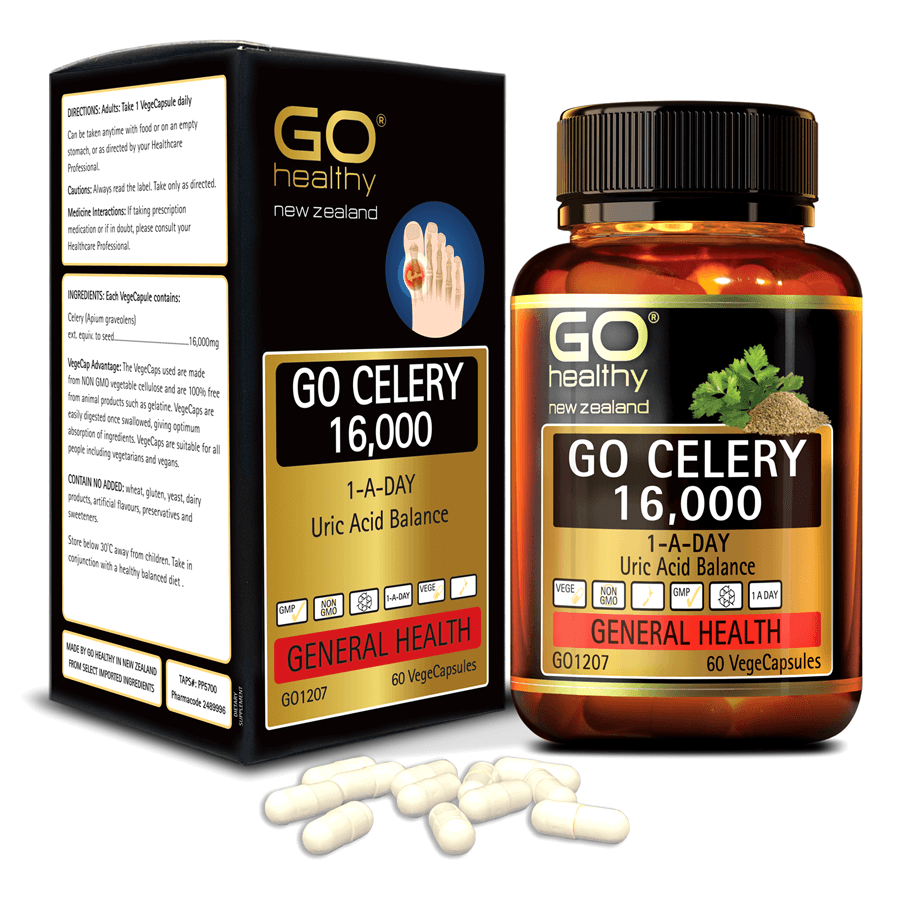Viên gout nhập khẩu chính hãng New Zealand GO CELERY 16000mg 60 viên giúp giảm các triệu chứng bệnh gút: giảm uric acid, làm giảm triệu chứng sưng đau do gut