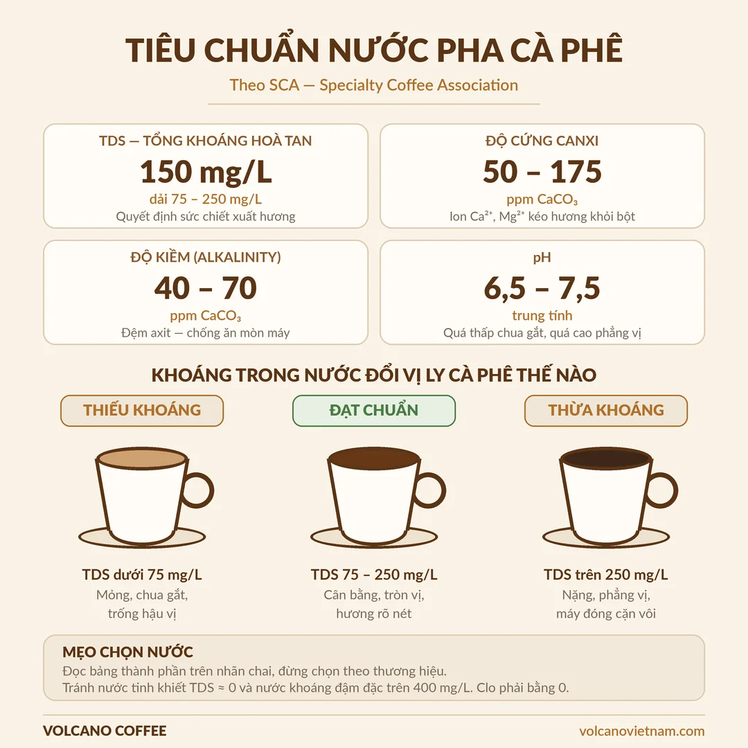 Bảng tiêu chuẩn nước pha cà phê theo SCA: TDS 150 mg/L, độ cứng canxi 50-175 ppm, độ kiềm 40-70 ppm, pH 6,5-7,5 — Volcano Coffee