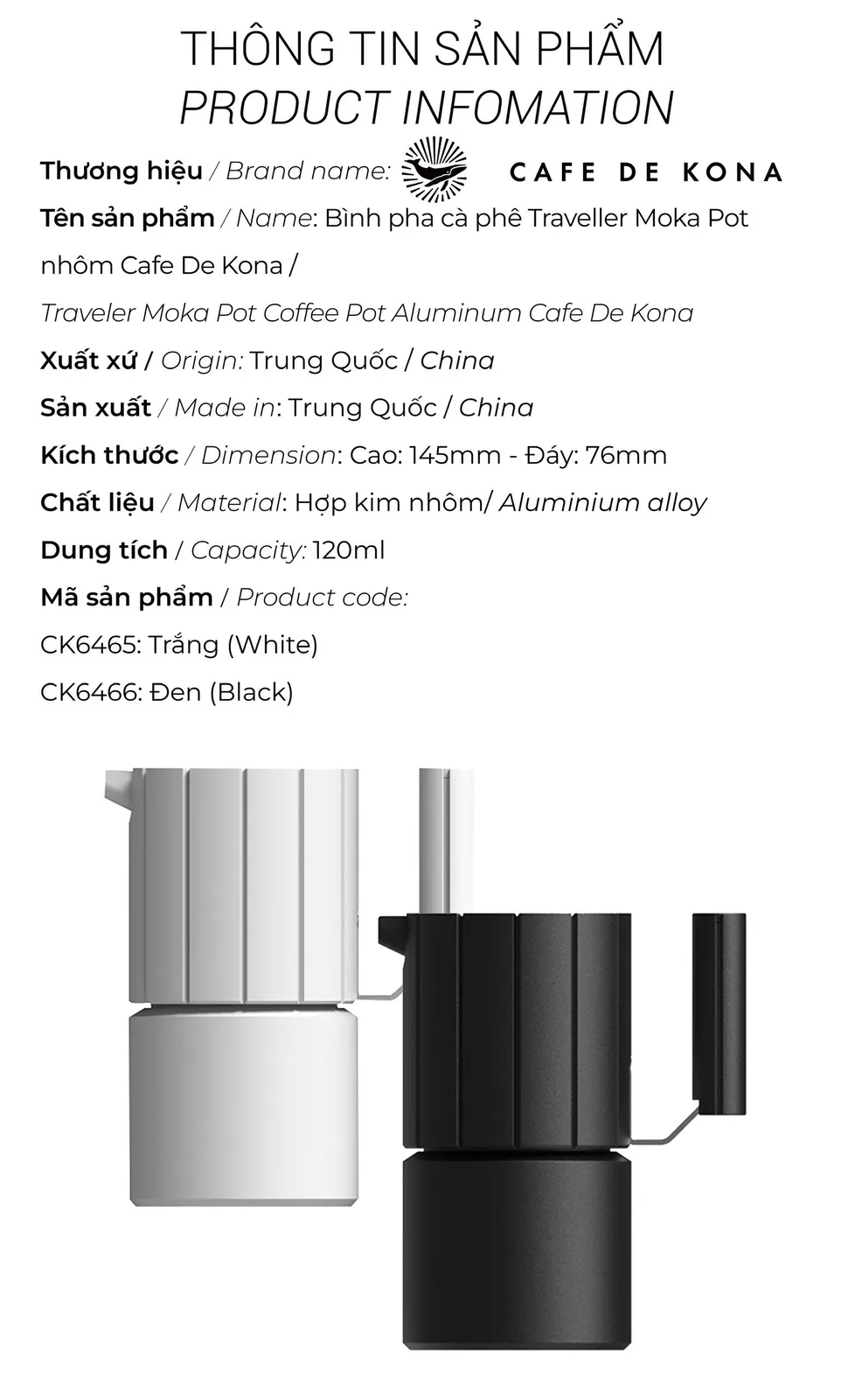 Bình pha cà phê Traveller Moka Pot nhôm CAFE DE KONA - ảnh 2