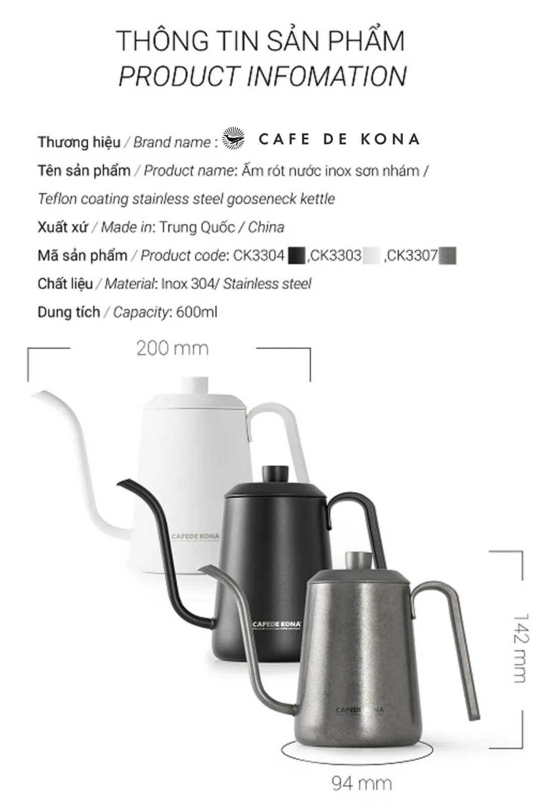 Ấm rót pour over cà phê cổ ngỗng 600ml Cafede Kona, ấm rót nước cổ ngỗng - ảnh 2