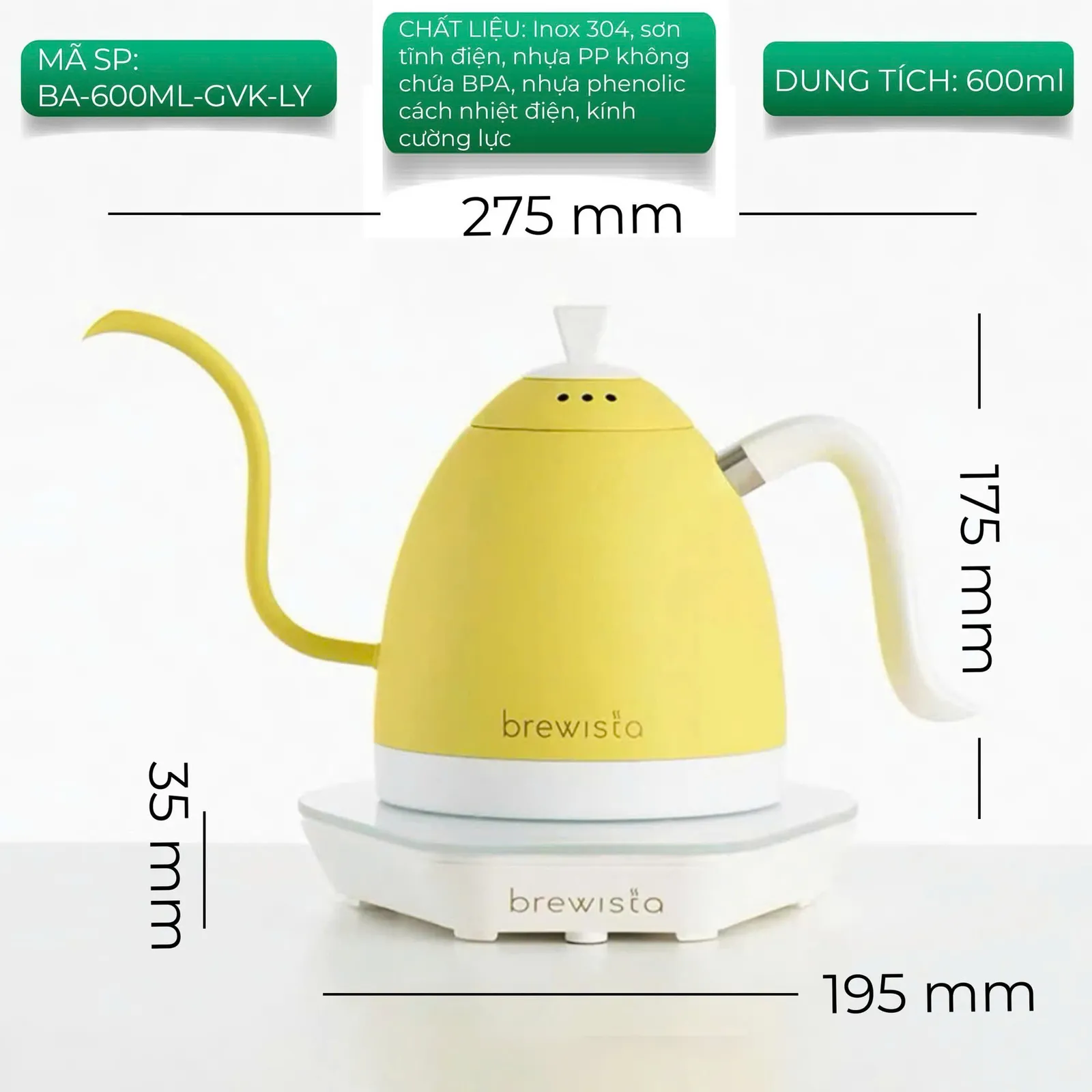 Ấm đun rót cà phê Brewista Artisan 600ml Gen 3 Pro 1500w Light Yellow - ảnh 3