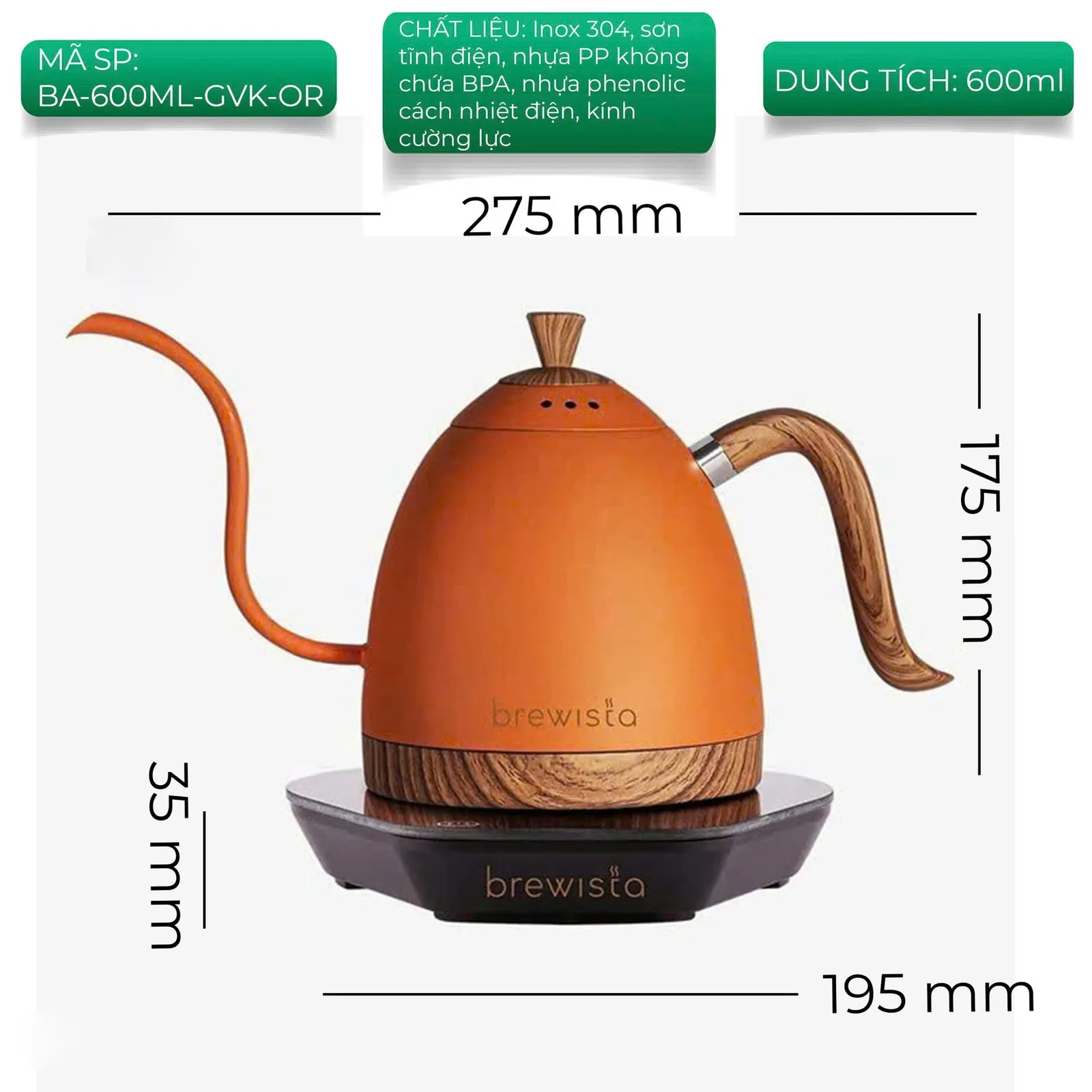 Ấm đun rót cà phê Brewista Artisan 600ml Gen 3 Pro 1500w Orange - ảnh 3