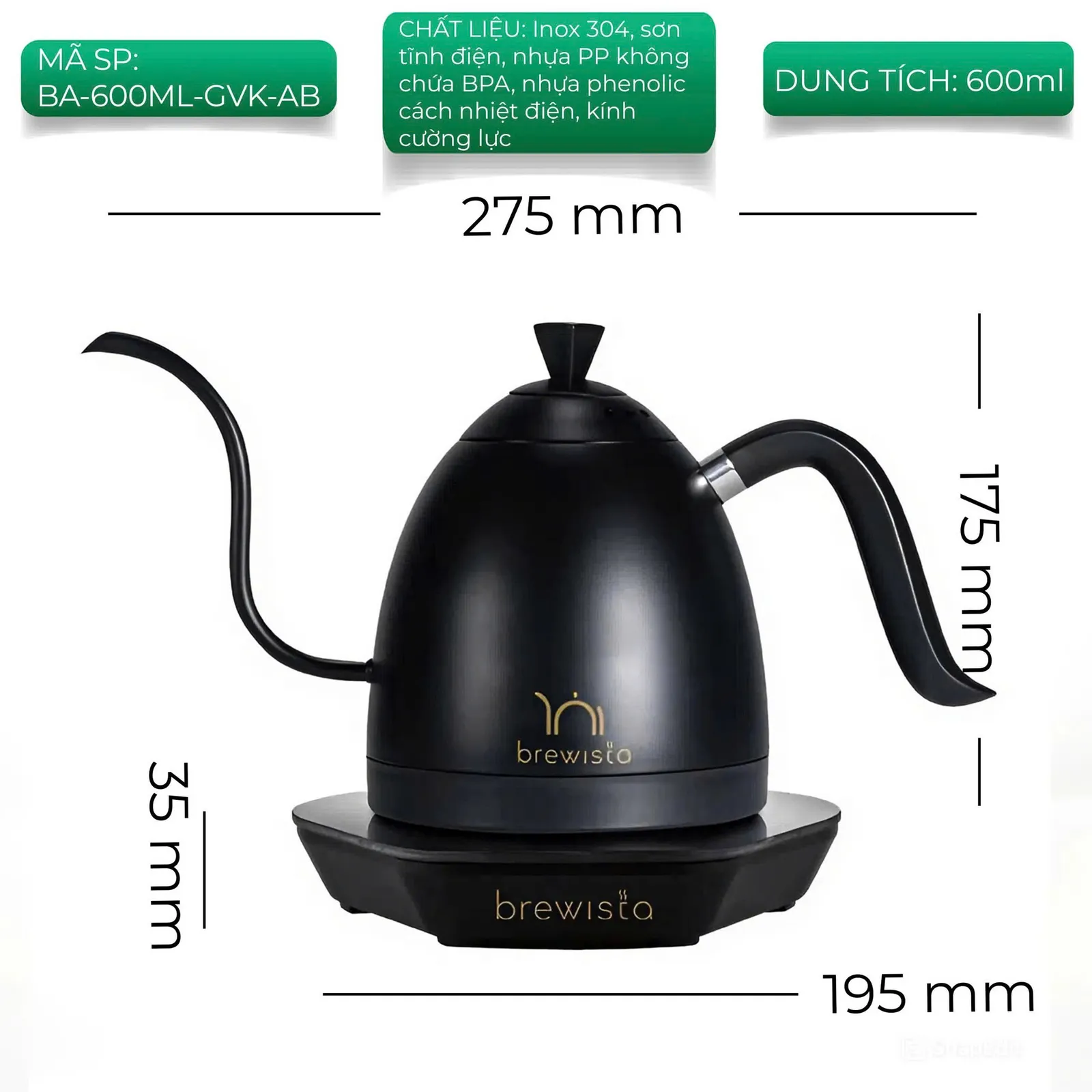Ấm đun rót cà phê Brewista Artisan Pure 600ml Gen 3 Pro 1500w - ảnh 3
