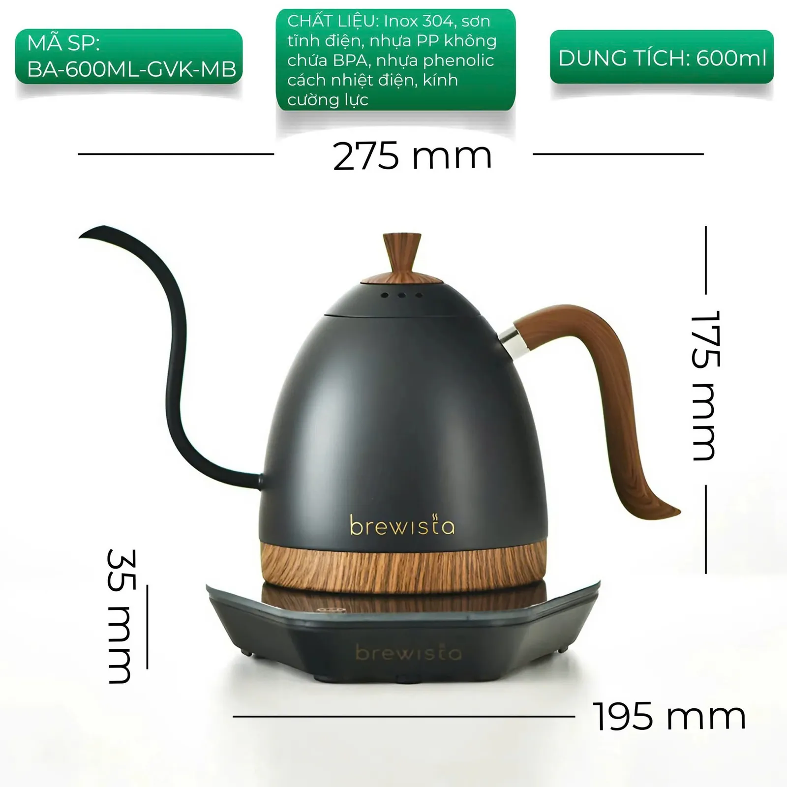 Ấm đun rót cà phê Brewista Artisan 600ml Gen 3 Pro 1500w - ảnh 4