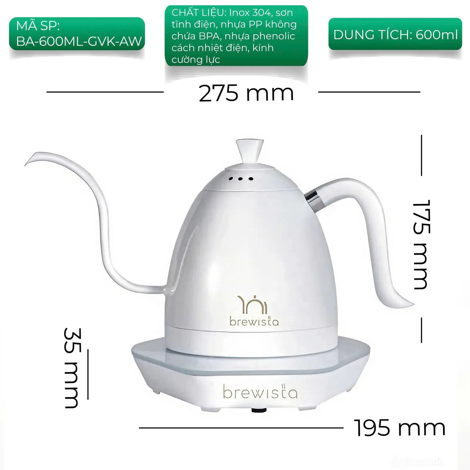 Ấm đun rót cà phê Brewista Artisan Pure 600ml Gen 3 Pro 1500w - ảnh 4
