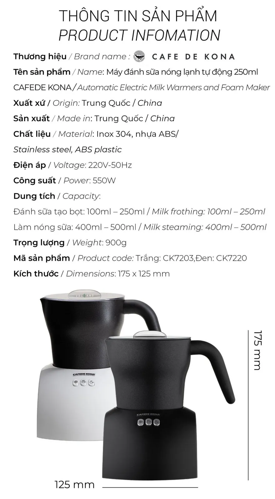 Máy đánh sữa nóng lạnh tự động 250ml Cafede Kona - ảnh 2