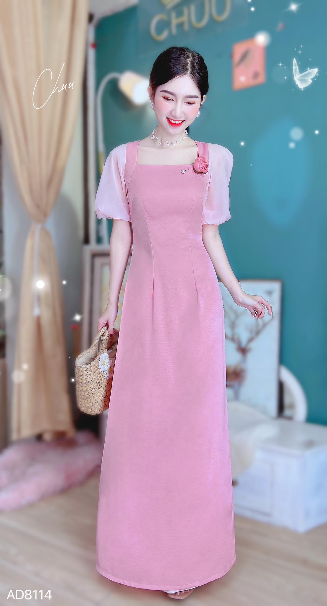 Áo dài cổ vuông tay bồng tơ CHUU