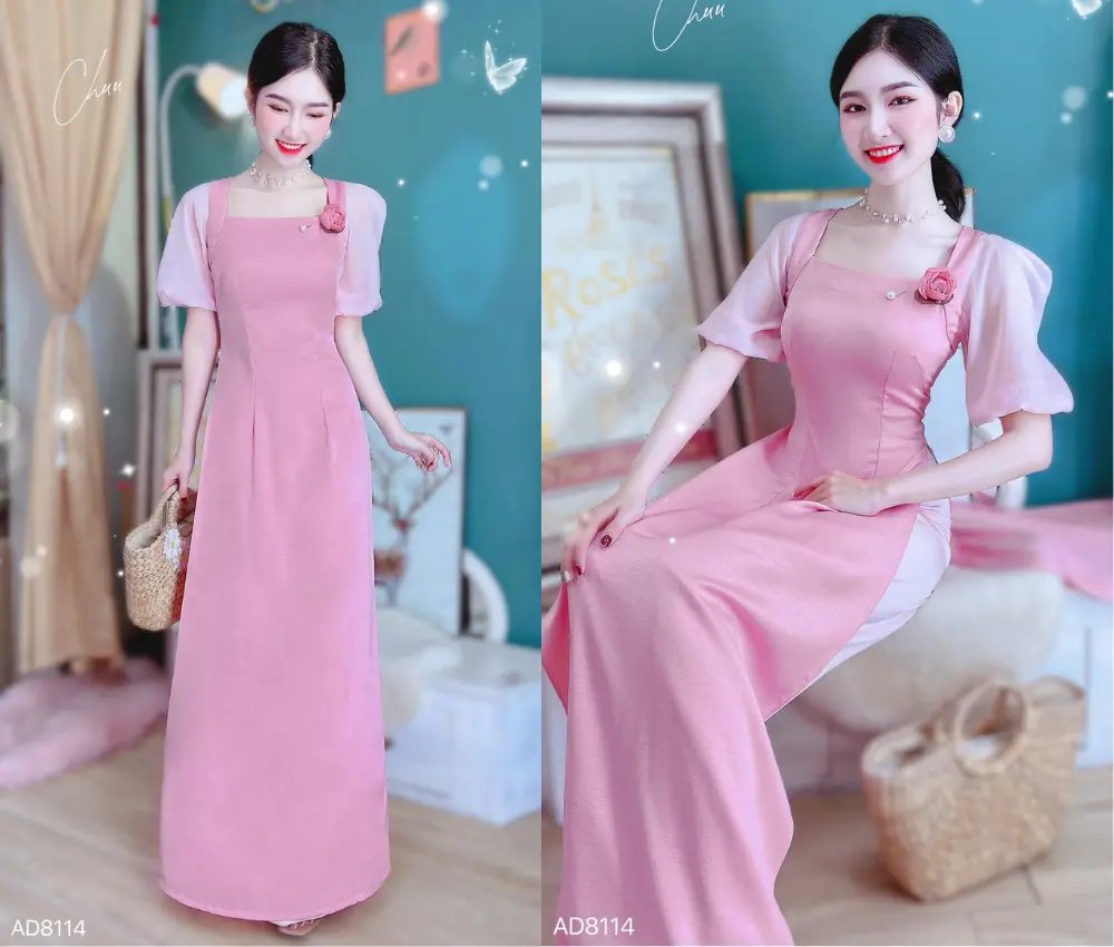 Áo dài cổ vuông tay phồng