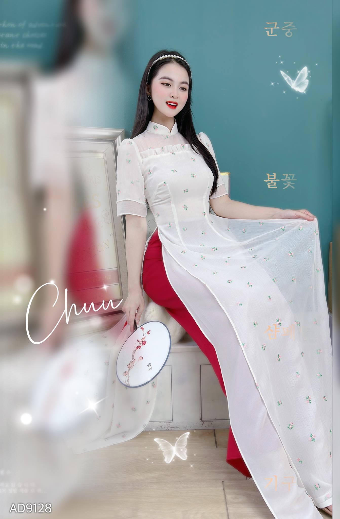 Áo dài Tơ Thêu Hoa Hồng CHUU