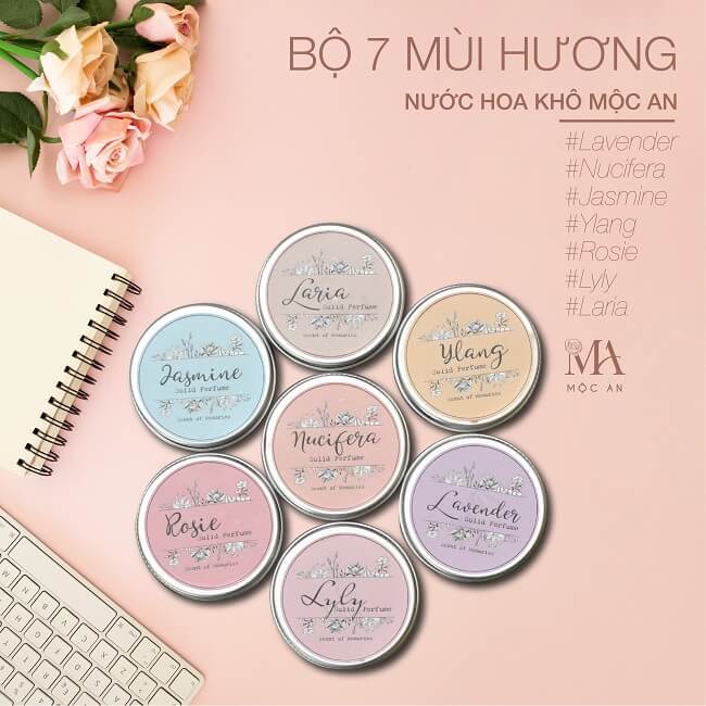 Nước hoa khô Ký Ức Mùi Hương của Mộc An gồm 7 mùi hương tinh dầu thiên nhiên