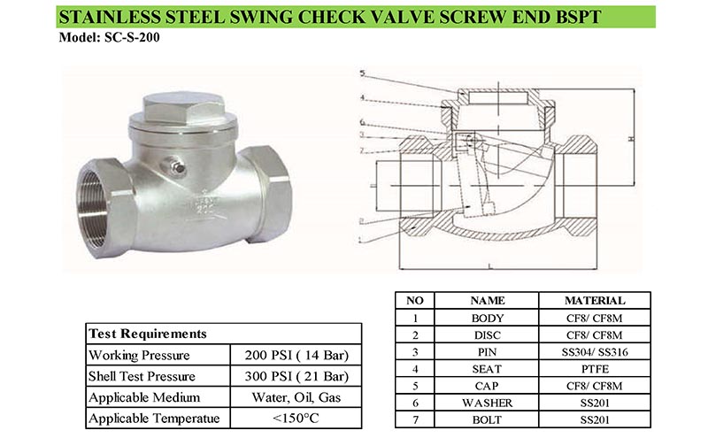thông số kỹ thuật van 1 chiều SC-S-200