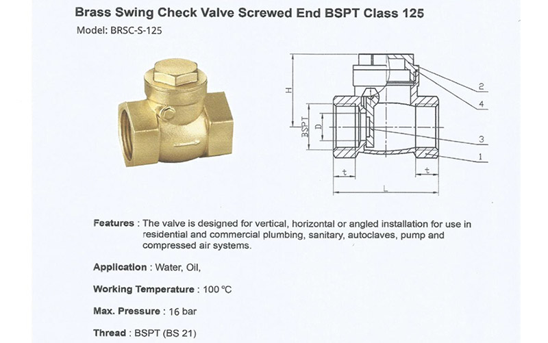 Thông số kĩ thuật của van 1 chiều đồng lá lật Arita BRSC-S-125