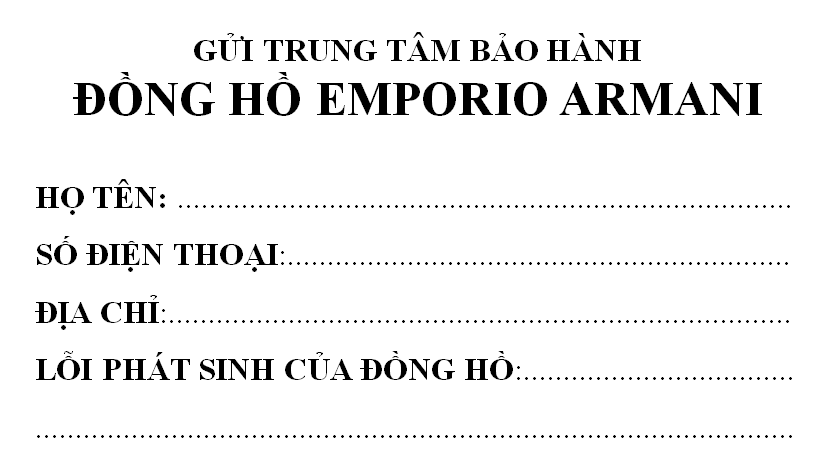 Form đăng ký Trung tâm bảo hành đồng hồ EMPORIO ARMANI VIỆT NAM