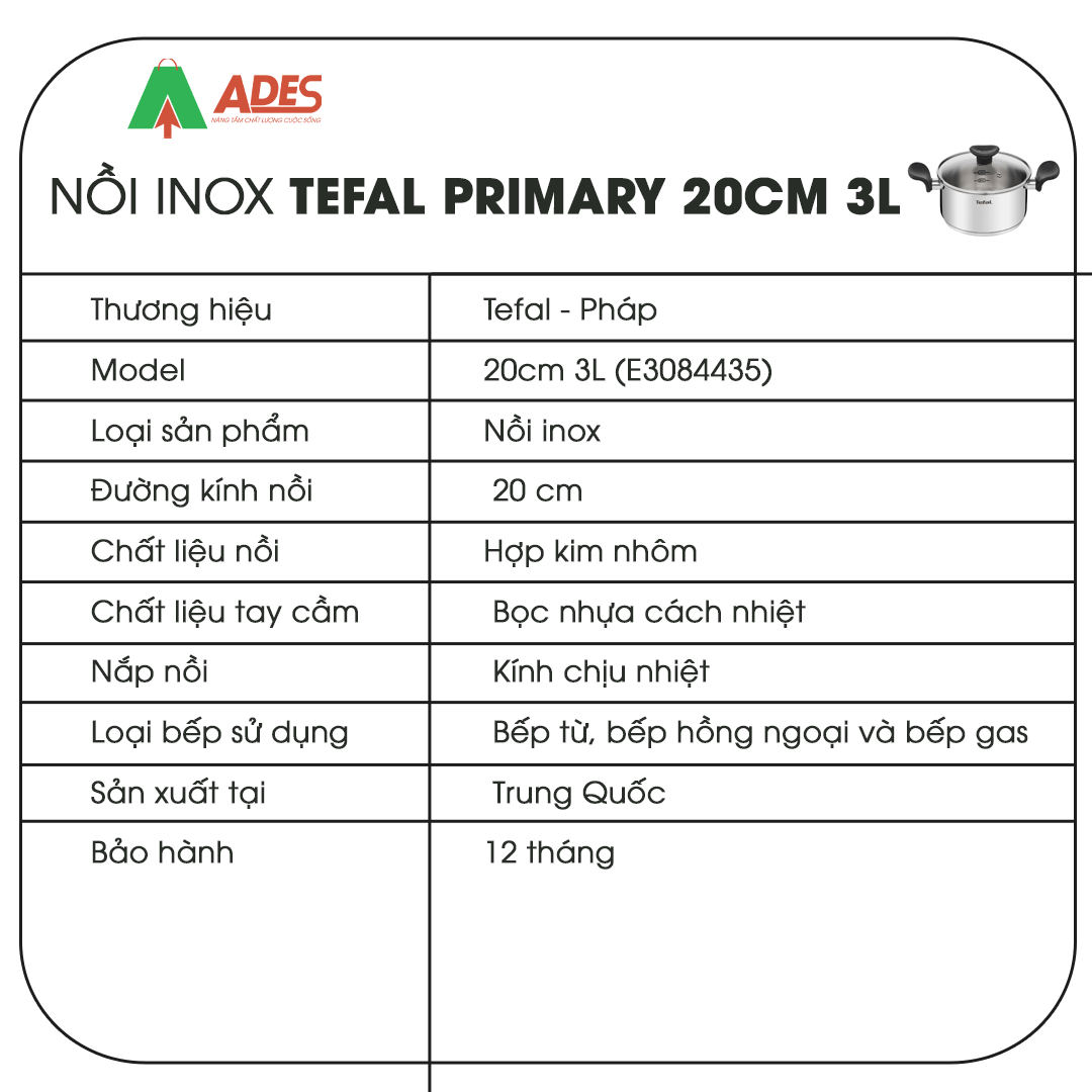 noi inox Tefal Primary 20cm 3L thong so